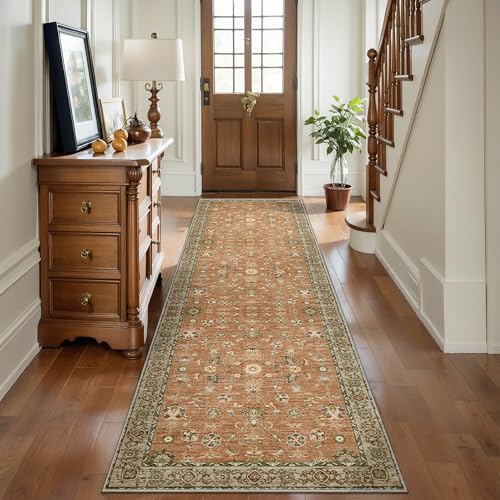 Tangsoo Washable Runner Rug for Hallway Non Slip,2x10 Long Terracotta Rug | Boho Vintage Floral Rug Runners for Entryway,Farmhouse Soft Low Pile Carpet Runner for Kitchen Bathroom Laundry Bedroom Decor - color: Terracotta Tangerine, size: 2' X 10' (Runner