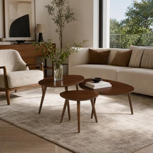 Small Oval Nesting Table, Mid Century Coffee Tables for Living Room,Solid Oak Wood Side Table,Triangle Tabletop with 3 Legs,Minimalist Display End Tables (Walnut Color, 3 Pieces) - color: Walnut Color, size: Small-Tall-Large - 3 Pieces