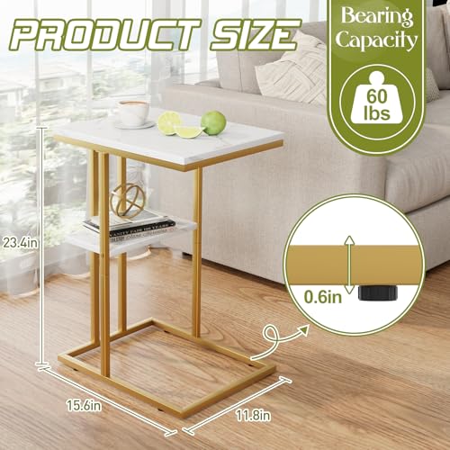 C Shaped End Table, Couch Side Table that Slide Under | TV Trays for Eating on Couch, Narrow Sofa Tables for Small Space Living Room, Bedroom, White + Gold - color: White Marble+gold