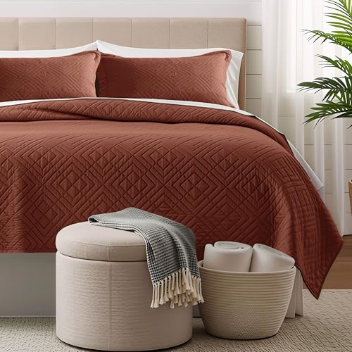 Clara Clark Quilts Twin Size - All Season Bedspread Coverlet Set, Pinsonic Weave Lightweight Bedding Set - 5 Piece Twin Quilt Set with Pillow Shams, Mocha - Twin Diamond - color: 36 – Mocha – Diamond, size: Twin