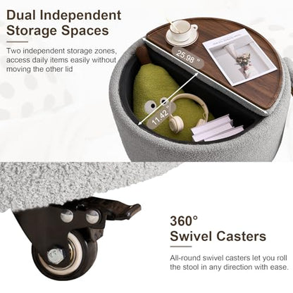 29.5" Round Storage Ottoman Coffee Table, Dual Reversible Lids, Grey | Round Ottoman Coffee Table, Swivel Casters, Hidden Storage, Dual Lift-Off Lids, Teddy Fabric, Living Room, Bedroom - color: Grey