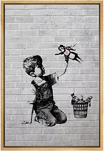 wall26 Framed Canvas Print Wall Art Banksy British Artist Spray Paint Kid Superhero Nurse Toy Graffiti & Street Art Urban Illustrations Modern Art for Living Room, Bedroom, Office - 16"x24" Natural - color: A12-2204-eva26, size: 24"L x 16"W