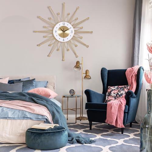 Lafocuse 23 inch Metal Large Gold Starburst Wall Clock Mid Century Art Deco | Silent Non Ticking, Battery Operated, Unique Modern Sunburst Decorative Wall Clock for Living Room Kitchen Bedroom Home Decor
