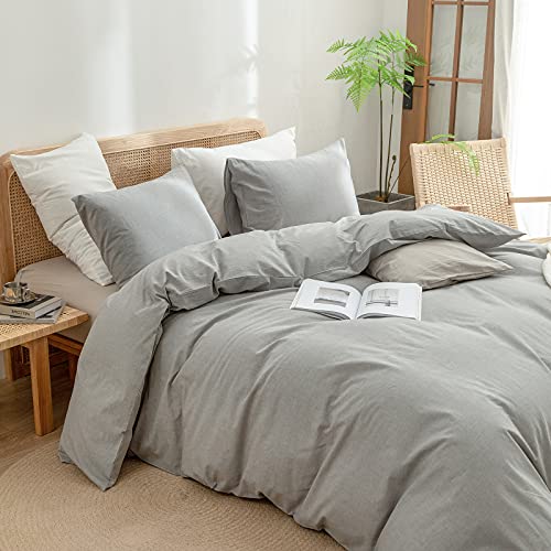 BESTOUCH Cotton Solid Duvet Cover Set Linen Feel Light Grey Queen | 100% Washed Cotton, Soft Wrinkle Texture, Hidden Zipper, 8 Ties, Breathable Lightweight Durable Comfy, 3 Pcs No Insert - color: Light Grey (No Comforter), size: Queen (90" X 90")