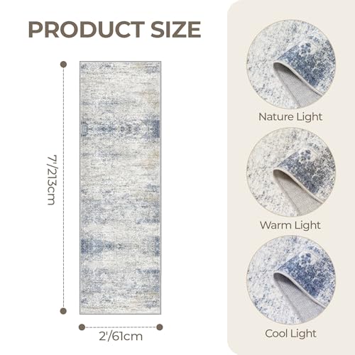 2x7 Runner Rug Non Slip,Washable Hallway Runner Rug,Blue | Neutral Rugs for Kitchen,Entryway,Bedroom,Bathroom,Nursery Room,Thin,Soft Runner Rug,Stain Resistant Indoor Carpet - color: Blue/Brown/Ivory, size: 2' x 7' (Runner)