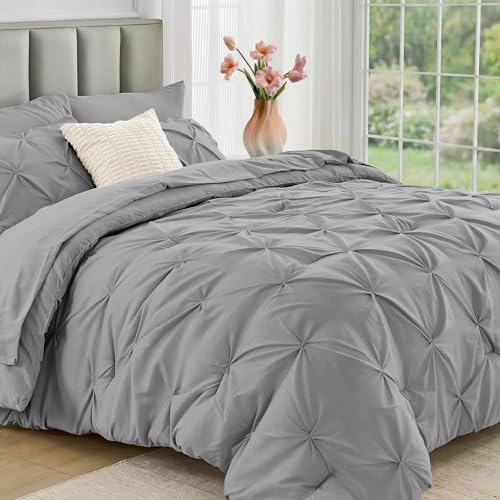 JOLLYVOGUE Twin Comforter Set 5 Pieces - Bed in a Bag Twin for All Season, Pintuck Bedding Comforter Sets with Comforter, Flat Sheet, Fitted Sheet and Pillowcases & Shams, Light Grey - color: Light Grey, size: Twin