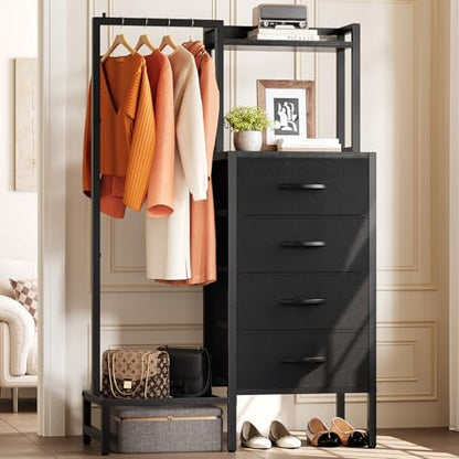 Yoobure Black Dresser with Hanging Rack - Small Closet with 4 Fabric Storage Drawers, 44" H Dresser with Clothes Rack, Chest of Drawer, Kids Dressers for Bedroom, Dorm, Living Room, Sturdy Frame - color: Black