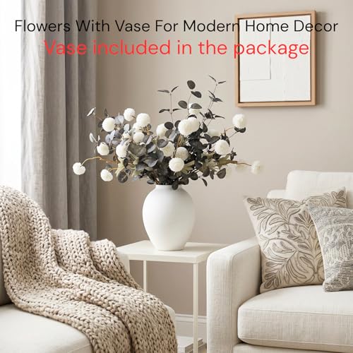 White Artificial Flowers & Greenery With Vase, Faux Floral Arrangement Centerpiece for Dining Table, Realistic Silk Flowers With Modern Vase for Kitchen, Living Room, Bedroom, Entryway & Bathroom - size: White/Green Bouquet in Vase