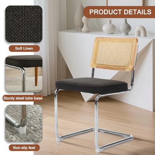 Rattan Dining Chairs Set of 2,Linen Cesca Chair Kitchen Chair,Black | VICBARLEY Mid Century Modern Dining Chairs,Wood Cane Backrest&Chrome Base,Upholstered Side Chair for Dining Room,Kitchen - color: Black, size: Set of 2