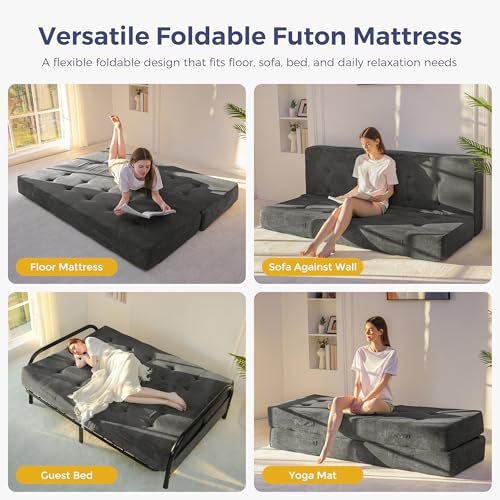 MAXYOYO Foldable Mattress, 8-Inch Tufted Futon Mattress with Handles | Tufted Floor Sofa Bed and Versatile Mattress, Carry Handles for Living Rooms or Guest Rooms, Frame Not Included, Dark Grey - color: Dark Grey