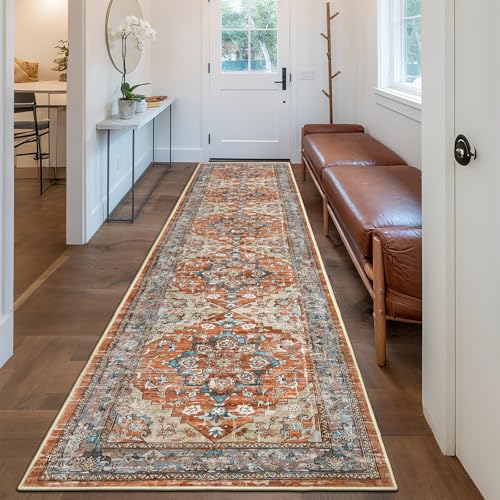 Bsmathom Runner Rug for Hallways Non Slip Washable Boho 2x10 Hallway Low Pile Throw Rugs Vintage Carpet Runners for Entry Way, Kitchen, Laundry Room, Bathroom - color: Brown Red, size: 2' x 10' (Runner)