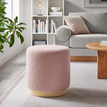 Modway Tilden 16 Inch Round Soft Sherpa Fabric Upholstered Ottoman in Blossom Natural - Small Ottoman Foot Rest with Rubberwood Plinth Base - Living Room Ottoman Side Table - Sherpa Ottoman Footstool - color: Blossom Natural