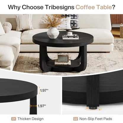 Tribesigns Round Coffee Table, 2-Tier Circle Coffee Table with Storage, Modern Wooden Accent Center Table for Living Room, Thick Tabletop & Base, Black - color: Black