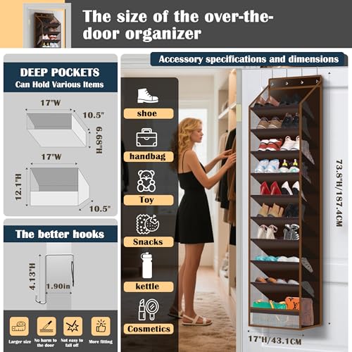10 - Pocket Over - the - Door Hanging Shoe Organizers & Rack, Made of Sturdy 600D Oxford + Non - Woven Fabric, Space - Saving Storage for Shoes, Boots & More (Dark coffee color) - color: Dark coffee color