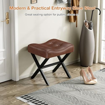 18-Inch Large Leather Vanity Stool Chair, Dark Brown Makeup Stool | Vanity Bench, Metal X-Leg, 350 LBS, 20"x16.9"x18", Ottoman Accent Stool, Thick Padded Saddle Seat, For Living Room Bedroom - size: Large, style: Dark Brown Leather