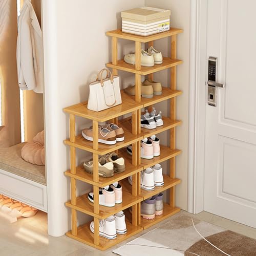 Wood Shoe Rack 5/7/8 Tier - Vertical Shoe Rack for Small Spaces, Tall Narrow Shoe Rack Organizer for Closet Entryway Corner Garage and Bedroom, Skinny Shoe Shelf with Free Stackable DIY (S) - size: Small