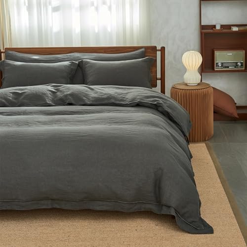 Simple&Opulence 100% Washed Linen Duvet Cover Set with Embroidered,2 Pieces Soft Farmhouse Comforter Set with Button Closure,1 Duvet Cover and 1 Pillowsham(Twin,Dark Grey) - color: Embroidery Dark Grey, size: Twin