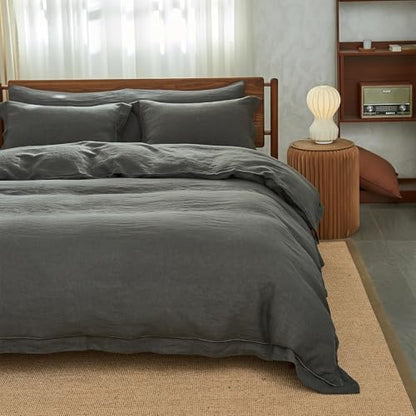 Simple&Opulence 100% Washed Linen Duvet Cover Set with Embroidered,2 Pieces Soft Farmhouse Comforter Set with Button Closure,1 Duvet Cover and 1 Pillowsham(Twin,Dark Grey) - color: Embroidery Dark Grey, size: Twin