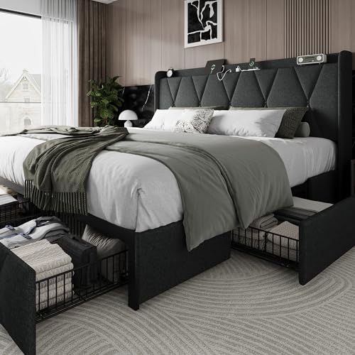 Einhomn King Size Bed Frame with 4 Storage Drawers and Charging Station, Upholstered Platform Bed Frame with Storage Headboard, No Box Spring Needed, Easy Assembly, Dark Grey - color: Dark Grey, size: King