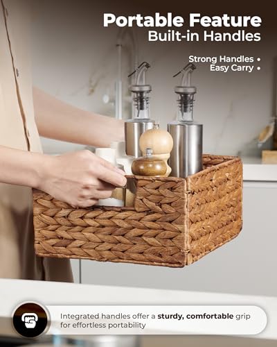 Bluewest Woven Water Hyacinth Storage Baskets with Handles, 6-Pack, Brown | Organizer and Laundry Basket with Carrying Handles, Designed as a Rattan Bin for Shelves, Closets and Household Essentials. - color: Brown