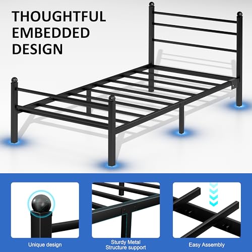 J.Fkne Twin Bed Frame with LED Lights & Charging Station, Metal Platform Bed with Headboard, Heavy Duty Metal Slats, No Box Spring Needed, Noise Free, Easy Assembly, Black - size: Twin, style: Classic Black