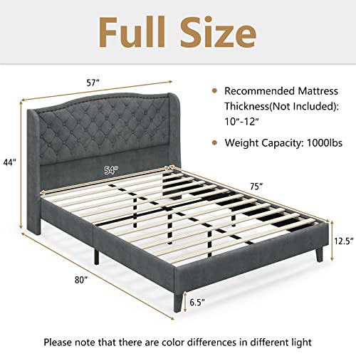 Upholstered Full Bed Frame w/Wood Slats & Noise-Free EVA Foam | Low Velvet Mattress Foundation, Button Tufted Wingback Headboard, No Box Spring Needed, Double Platform Bed Frame Full Size - size: Full