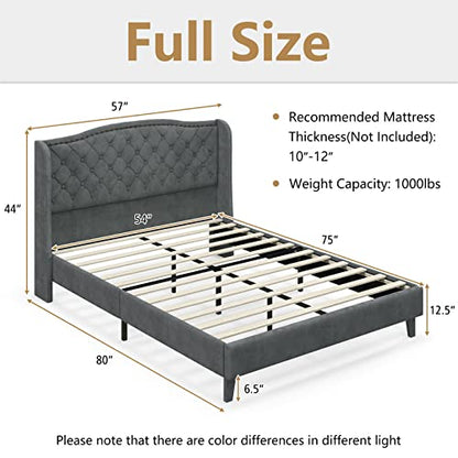 Upholstered Full Bed Frame w/Wood Slats & Noise-Free EVA Foam | Low Velvet Mattress Foundation, Button Tufted Wingback Headboard, No Box Spring Needed, Double Platform Bed Frame Full Size - size: Full