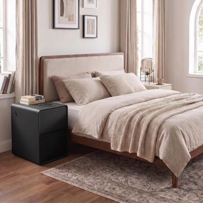 Modern Leather Nightstands Set of 2, Solid Wood Bedside Table with 2 Drawers & USB Charging Station, Preassembled End Table Small Nightstand for Bedroom Living Room Office, Black - color: Black, size: 16"