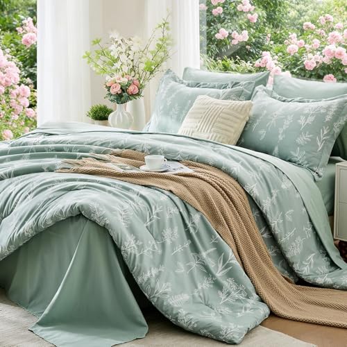 Oversized Queen Comforter Set, Sage Green Elegant Floral Print Bed in a Bag 7 Pieces, Soft & Breathable Reversible Botanical Pattern Bedding Set with Comforter, Sheets, Pillowcases, and Shams - color: 01 - Sage Green Leaves, size: Oversized Queen (98"x 98