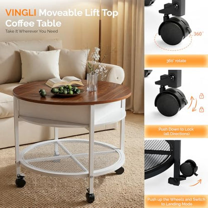 VINGLI 27" Round Lift Top Coffee Table with Wheels & Lights, White & Brown | Removable Coffee Table with Hidden Compartment Storage & Metal Shelf, Small Farmhouse Coffee Tables for Living Room, Office - color: White & Brown