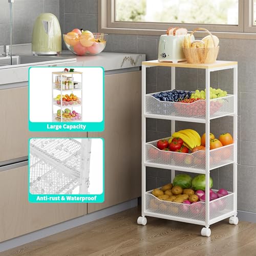 HapiRm Fruit Basket Kitchen Cart - 4-Tier Rolling Storage Cart with Wheels, Wood Top Utility Pantry Cart for Vegetables, Potatoes, Onions, Bread, Snacks - color: White