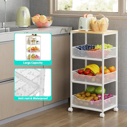 HapiRm Fruit Basket Kitchen Cart - 4-Tier Rolling Storage Cart with Wheels, Wood Top Utility Pantry Cart for Vegetables, Potatoes, Onions, Bread, Snacks - color: White