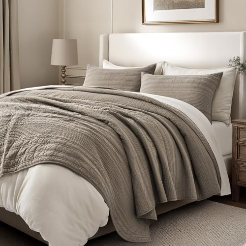 EVERGRACEHOME 100% Cotton Modern Lines Quilt Set Queen Size, Stone Taupe | Pre-Washed Soft Cotton, Striped Coverlet Bedspread, 3 Piece Lightweight Bedding Set for All Season, with 2 Pillow Shams - color: Stone Taupe, size: Full/Queen (92" X 92")