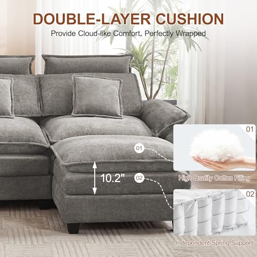 103'' Modular L Shaped Sofa, Cloud Deep Seat Sofa Couch with Ottoman, Detachable Headrest, 3 Seater Sectional Sofas for Living Room, Apartment, Studio, Light Grey - color: Light Grey, size: L Shaped Couch