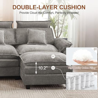 103'' Modular L Shaped Sofa, Cloud Deep Seat Sofa Couch with Ottoman, Detachable Headrest, 3 Seater Sectional Sofas for Living Room, Apartment, Studio, Light Grey - color: Light Grey, size: L Shaped Couch