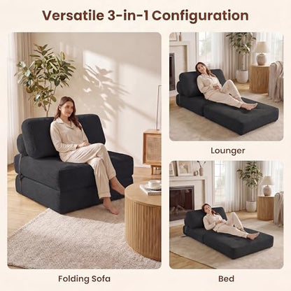 COSTWAY Folding Sofa Bed with Pillow, Convertible Couch (Black) | with Backrest & Fixing Straps, Boneless Convertible Sleeper Chair for Adults, Guest Use, Living Room - color: Black