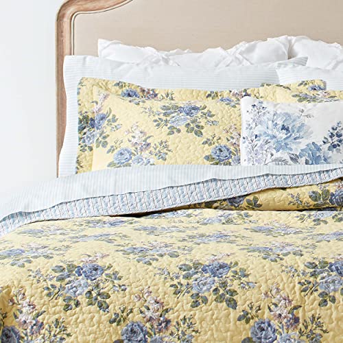 Laura Ashley - Queen Quilt Set, Reversible Cotton Bedding with Matching Shams, Lightweight Home Decor for All Seasons (Linley Yellow, Queen)