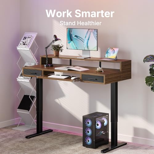 HUANUO 48″ x 26″ Electric Standing Desk with 2 Drawers &24.4″ Large Keyboard Tray, C-Clamp Mount Compatible, Adjustable Computer Desk for Office, Sit Stand Up Desk with 4 Height Presets, Deep Walnut - color: Deep Walnut, size: 48*26 inch