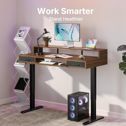 HUANUO 48″ x 26″ Electric Standing Desk with 2 Drawers &24.4″ Large Keyboard Tray, C-Clamp Mount Compatible, Adjustable Computer Desk for Office, Sit Stand Up Desk with 4 Height Presets, Deep Walnut - color: Deep Walnut, size: 48*26 inch
