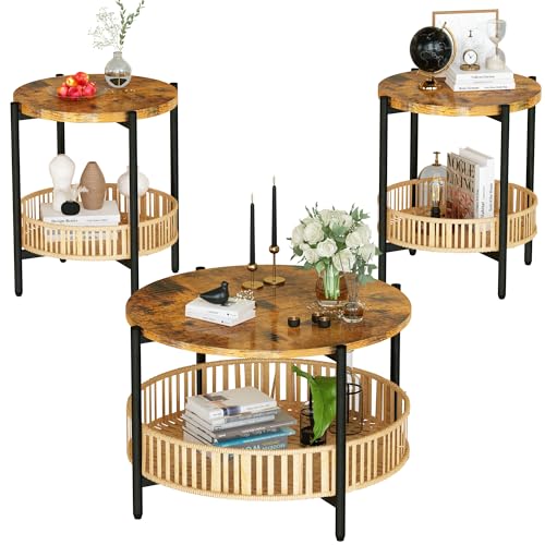 AWQM 3 Pieces Coffee Table Set for Living Room, 2 Tier Round Rattan Coffee End Side Table, Boho Living Room Table Set with Metal Frame for Bedroom Office - size: Set of 3