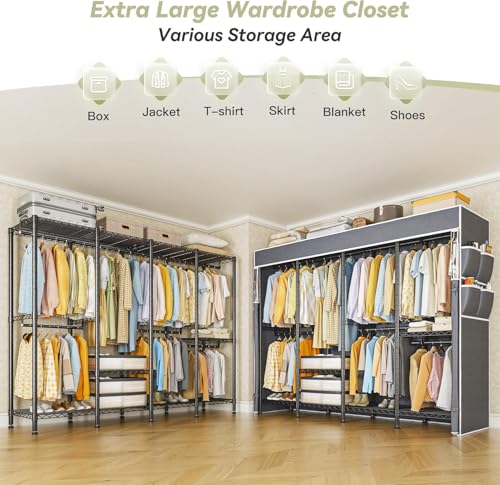 Raybee Clothes Rack with Cover, Heavy Duty, 1150lbs Capacity, Adjustable | 76" W Freestanding, Zipper Dust Cover, 5 Rods & 6 Shelves, Tool-Free Assembly, Space-Saving for Closet, Bedroom, Black - color: Black, style: Clothing Rack with Cover