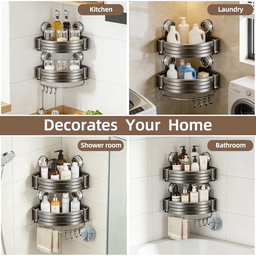 Suction Cup Corner Shower Caddy, No Drill, 2 Tier, Gray | Aluminum, With Hooks, Floating Rack for Inside, Bathroom Wall Shelf Organizer - style: Suction Cup Corner Shower Caddy ,2 Tier ,Gray