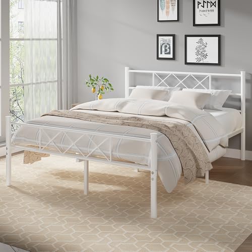 VECELO Full Size Bed Frame with Headboard, Heavy Duty Bedframe with Strong Metal Slats, No Box Spring Needed & Easy Assembly, Pure White - color: Pure White, size: Full