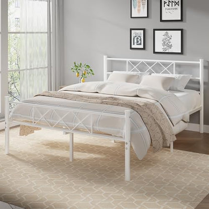 VECELO Queen Size Bed Frame with Headboard, Heavy Duty Bedframe with Strong Metal Slats, No Box Spring Needed & Easy Assembly, Pure White - color: Pure White, size: Queen