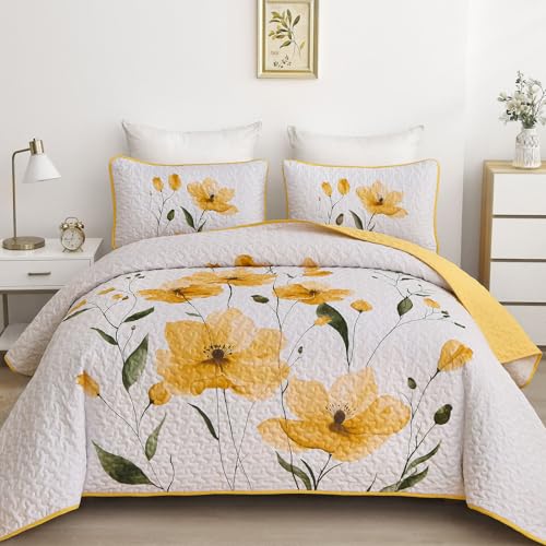 Mybedsoul Floral Quilt Set Queen Size, 3 Pieces Yellow Bedspread Coverlet Set, Lightweight Farmhouse Botanical Bedding Set for Fall Winter All Season(96"x90") - color: Yellow, size: Queen96"x90"