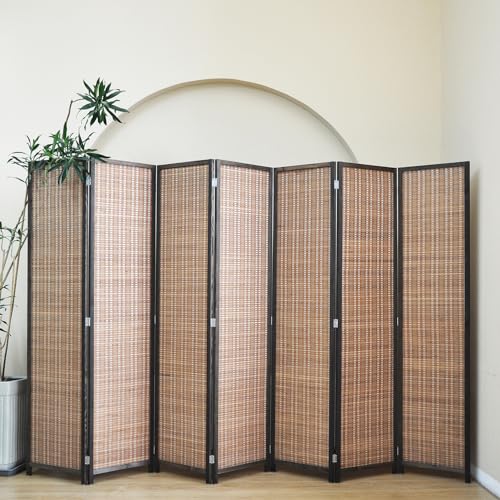 7 Panel Bamboo Room Divider - 5.6 ft Tall Folding Privacy Screen, Natural Brown Freestanding Partition Wall for Home Office & Room Separation (67" H x 107.5" W) - color: Brown, size: 7 Panel