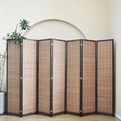 7 Panel Bamboo Room Divider - 5.6 ft Tall Folding Privacy Screen, Natural Brown Freestanding Partition Wall for Home Office & Room Separation (67" H x 107.5" W) - color: Brown, size: 7 Panel