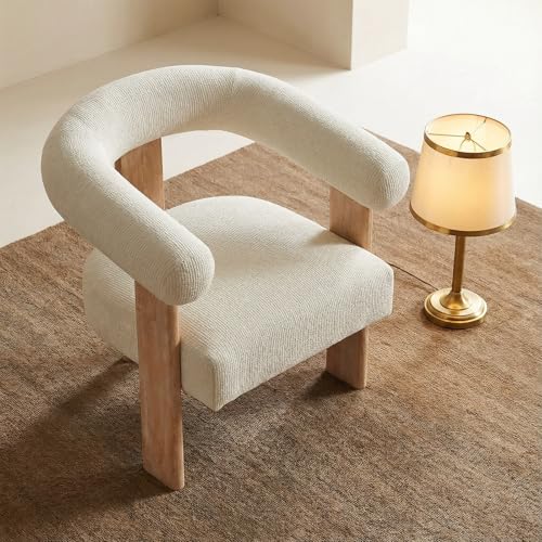 VKNOW Barrel Accent Chair, Vanity Chair with Armrests and Rubberwood Legs | Mid Century Modern Upholstered Living Room Chairs with Open Back, Chenille Fabric, arm chair for Living Room, Bedroom, Cream - color: Cream, size: Set of 1