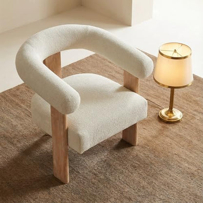 VKNOW Barrel Accent Chair, Vanity Chair with Armrests and Rubberwood Legs | Mid Century Modern Upholstered Living Room Chairs with Open Back, Chenille Fabric, arm chair for Living Room, Bedroom, Cream - color: Cream, size: Set of 1