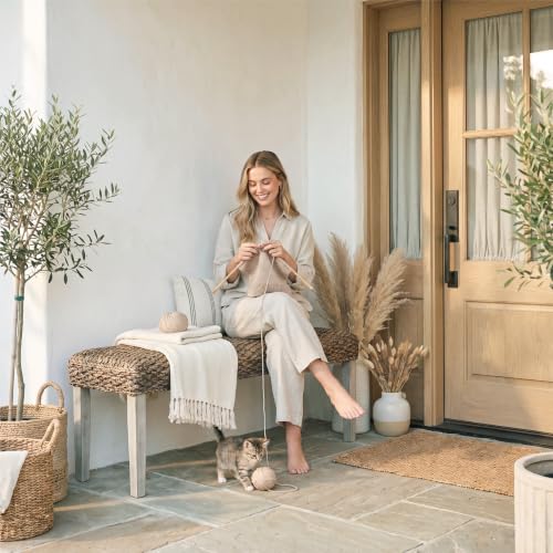 Solid Acacia Wood Bench with Natural Woven Water Hyacinth Seat, Grey Leg | Plait Style, Farmhouse, Rustic, Boho, Coastal for Living Room or Entryway - color: Plait - Grey Leg & Water Hyacinth
